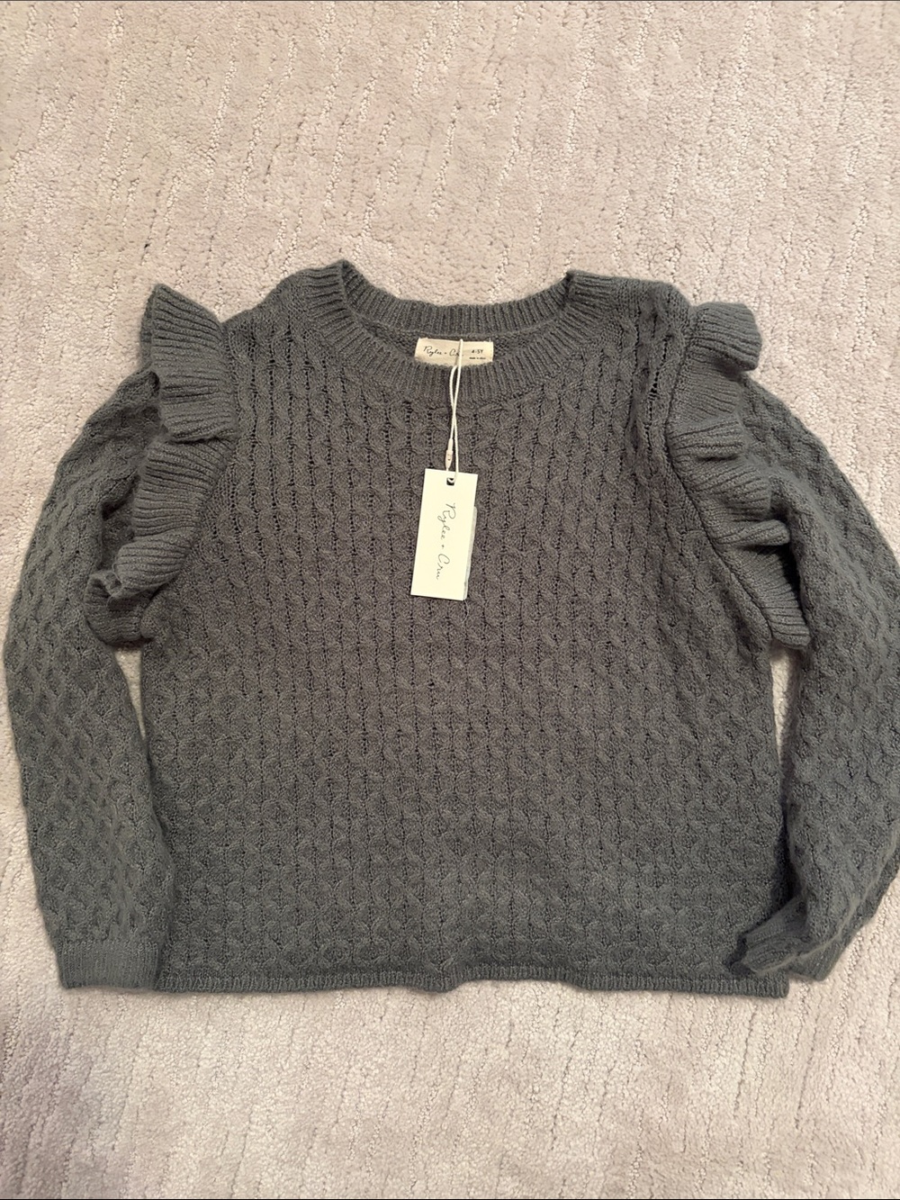 Rylee + Cru Charcoal Gray Cable-Knit Sweater with Ruffle Shoulders